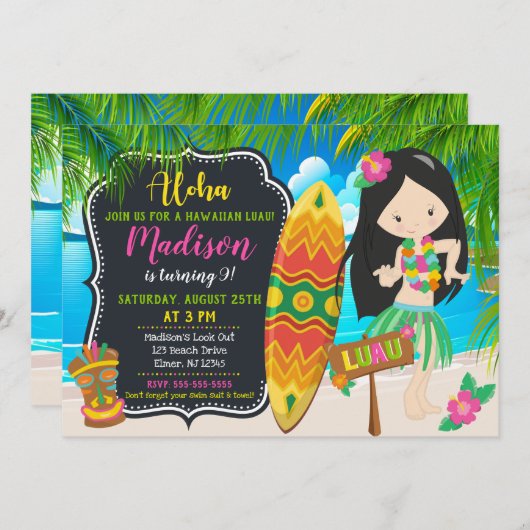 Luau Verjaardag Uitnodiging Aloha Invites (Voorkant / Achterkant)