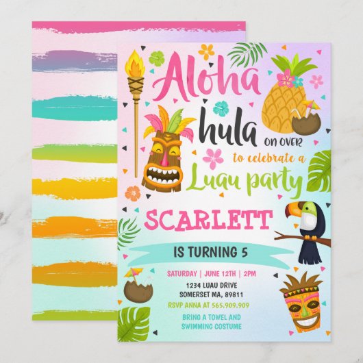 Luau Verjaardag Uitnodiging Hawaiian Luau Party (Voorkant / Achterkant)