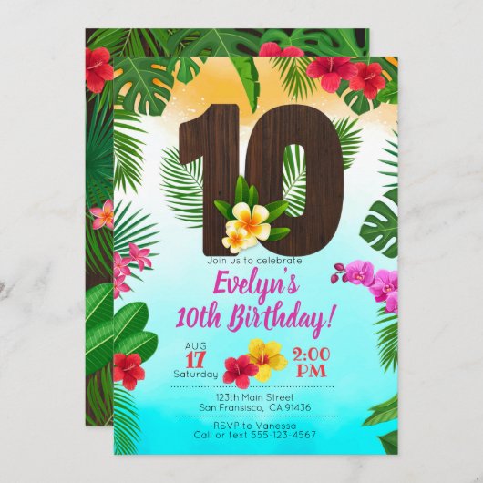 Luau Verjaardag, Uitnodiging Luau Partij 10e Verja (Voorkant / Achterkant)