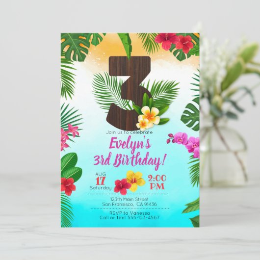 Luau Verjaardag, Uitnodiging Luau Party 3e verjaar (Staand voorkant)