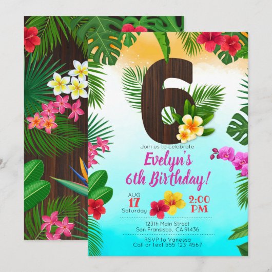 Luau Verjaardag, Uitnodiging Luau Party 6e verjaar (Voorkant / Achterkant)