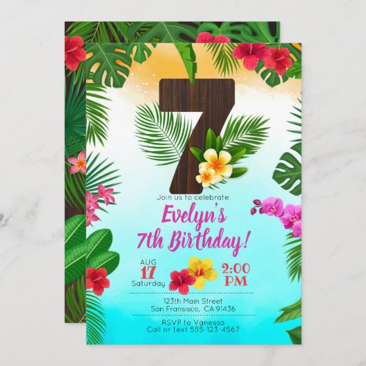 Luau Verjaardag, Uitnodiging Luau Party 7e verjaar (Voorkant / Achterkant)
