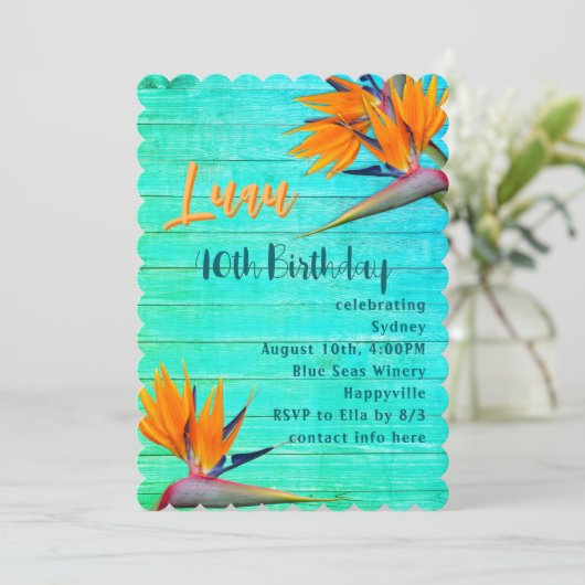 Luau Verjaardagsfeest Blauw Hout Tropische Bloemen Kaart (Staand voorkant)