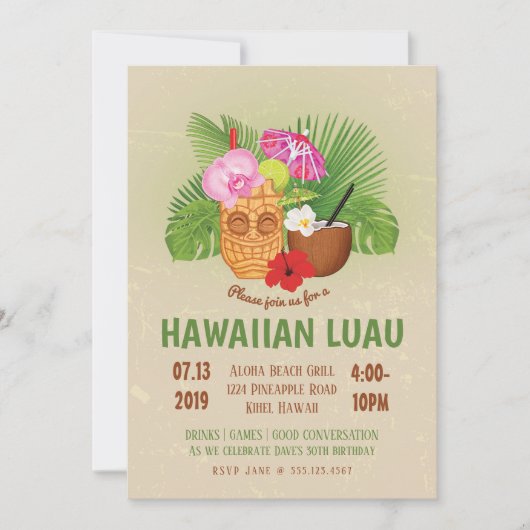 Luau-verjaardagsfeest Hawaiian Tiki-uitnodiging Kaart (Voorkant)
