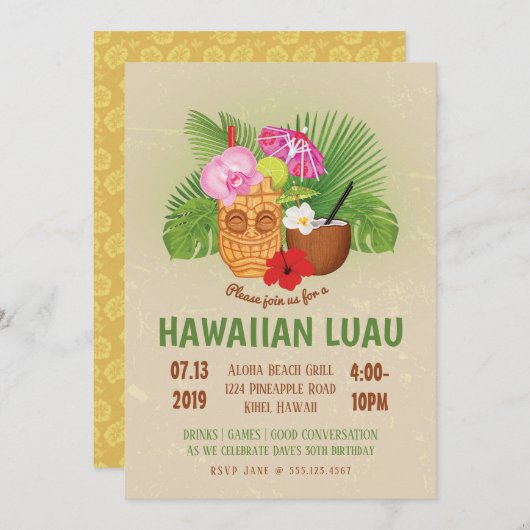 Luau-verjaardagsfeestje Hawaiaanse Tiki-uitnodigin Kaart (Voorkant / Achterkant)