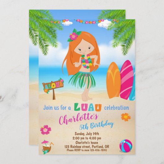 Luau verjaardagsuitnodiging Hawaiian strandfeest m Kaart (Voorkant / Achterkant)