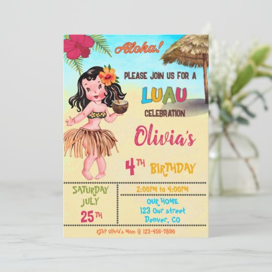 Luau verjaardagsuitnodiging Hawaiian uitnodiging A (Staand voorkant)