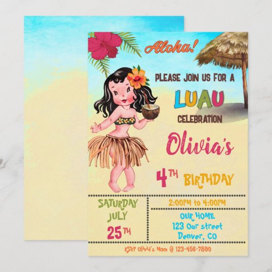 Luau verjaardagsuitnodiging Hawaiian uitnodiging A (Voorkant / Achterkant)
