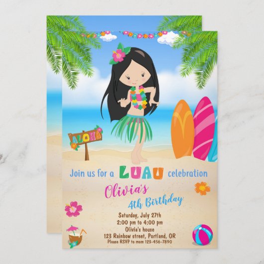 Luau verjaardagsuitnodiging Luau uitnodiging Aloha (Voorkant / Achterkant)