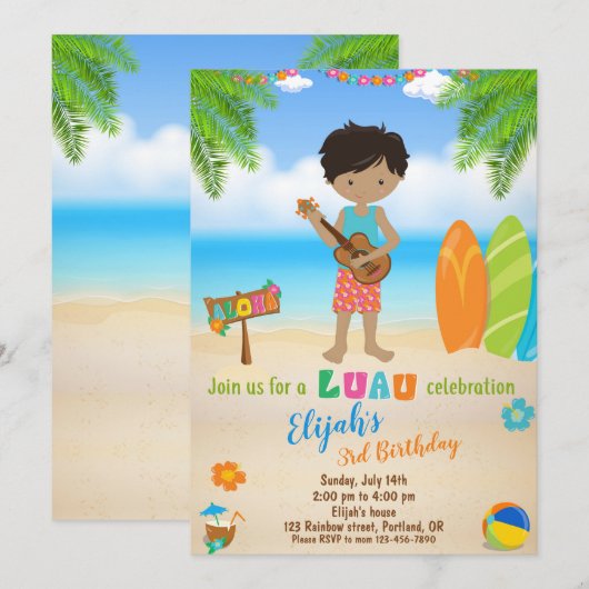 Luau verjaardagsuitnodiging Tropisch strand Kaart (Voorkant / Achterkant)