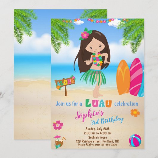 Luau verjaardagsuitnodiging Tropisch strandfeest m Kaart (Voorkant / Achterkant)