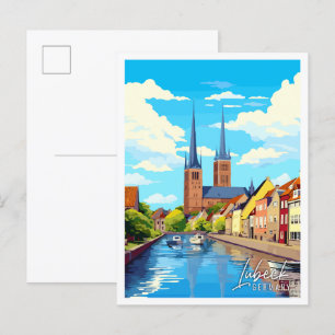 Lübeck Duitsland vintage reisillustratie Briefkaart