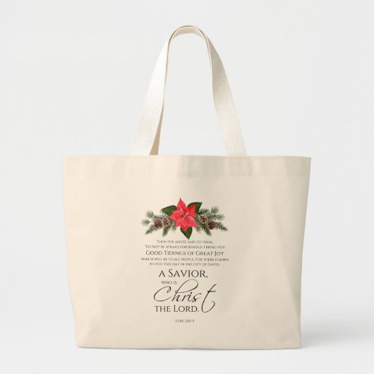 Lucas 2:10-11 Poinsettia Kerstmis Schrift Grote Tote Bag (Voorkant)