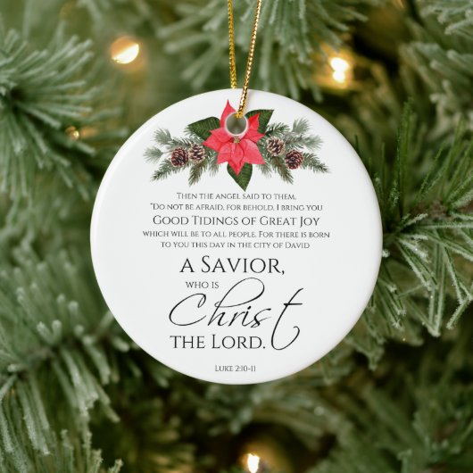 Lucas 2:10-11 Poinsettia Kerstmis Schrift Keramisch Ornament (Boom)