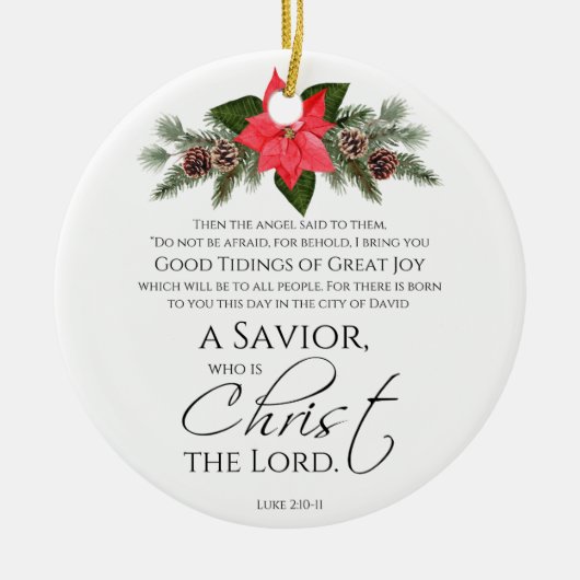 Lucas 2:10-11 Poinsettia Kerstmis Schrift Keramisch Ornament (Voorkant)
