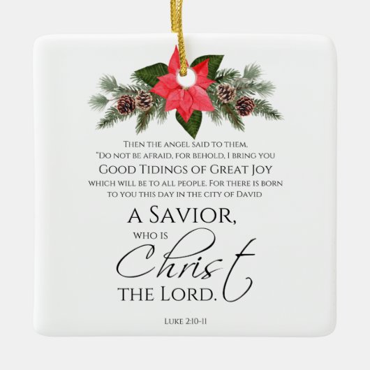 Lucas 2:10-11 Poinsettia Kerstmis Schrift Keramisch Ornament (Voorkant)