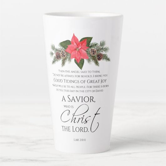 Lucas 2:10-11 Poinsettia Kerstmis Schrift Latte Mok (Voorkant)