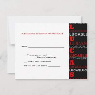 Lucas Cool Modern Bar Mitzvah RSVP Red Black Kaartje