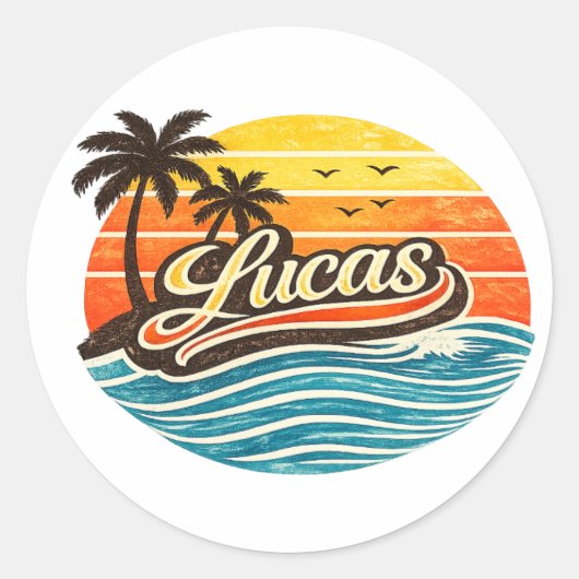 Lucas Retro Sunset Naamontwerp Ronde Sticker (Voorkant)
