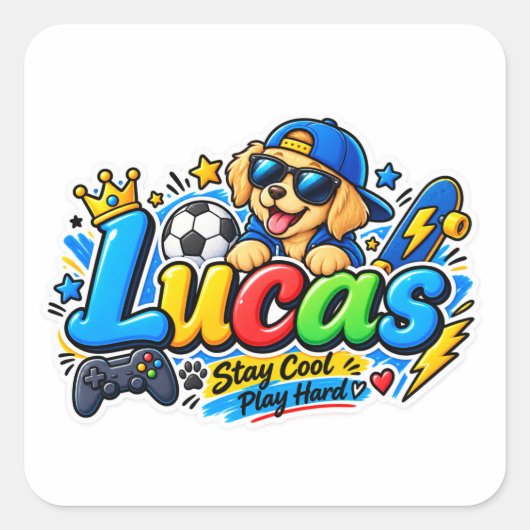 Lucas Stay Cool Cute Puppy Personalized Sticker (Voorkant)