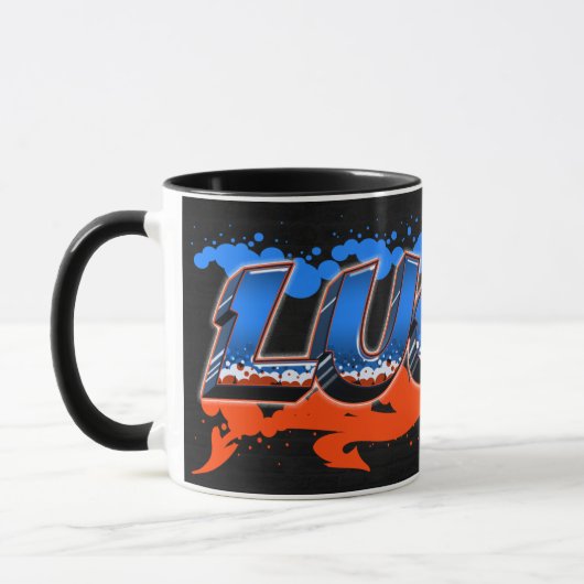 Lucas Vorname Name Graffiti blue orange Tasse Mok (Links)
