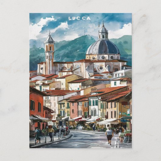 Lucca Italië Straat Waterverf Schilderij Briefkaart (Voorkant)