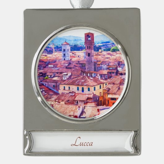 Lucca, Italië Travel Art Waterverf Art Ornament Verzilverd Banner Ornament (Voorkant)