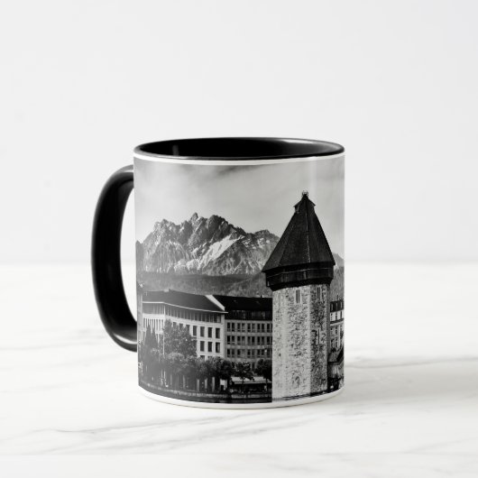 Lucerne city chapel bridge black/white photo mug mok (Voorkant links)