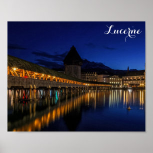 Lucerne Zwitserland Chapel Bridge at Night Poster