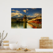 Lucerne Zwitserland Chapel Bridge Mount Pilatus Poster (Keuken)
