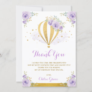 Lucht ballon van de lavender Gold Floral Birthday Bedankkaart