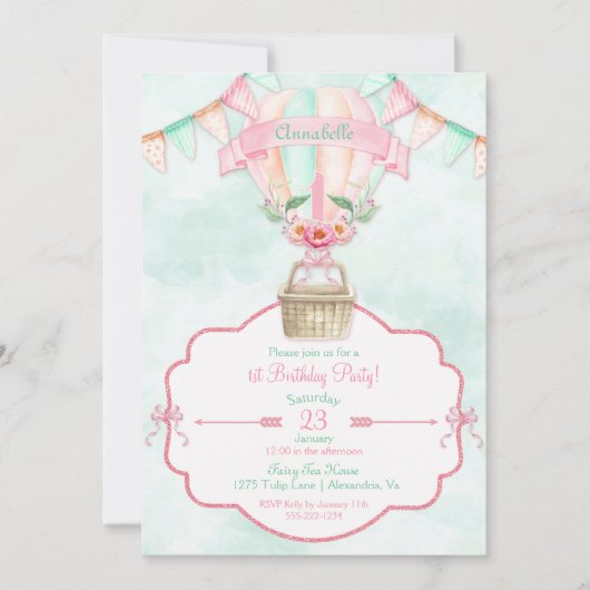 Luchtballon Eerste verjaardag Roze Mint Peach Kaart (Voorkant)