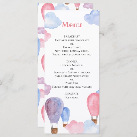 Luchtballon kinder menu Kinderen verjaardagsfeestj (Voorkant / Achterkant)