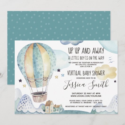 Luchtballon met blauwe Waterverf | Virtueel Baby s Kaart (Voorkant / Achterkant)