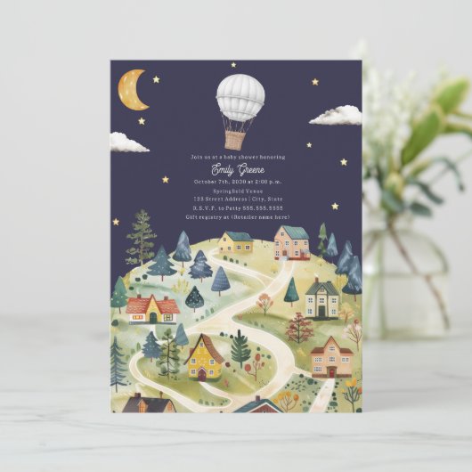 Luchtballon Village Neutral Night Baby shower Kaart (Staand voorkant)