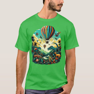 Luchtballon vliegen over een levendig bos met ande t-shirt