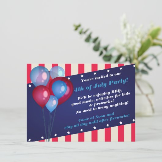 Luchtballonnen en stripes 4 e uitnodiging van juli (Staand voorkant)