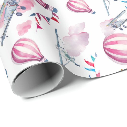 Luchtballonnen en vleugelvliegtuigen cadeaupapier (Rol Hoek)