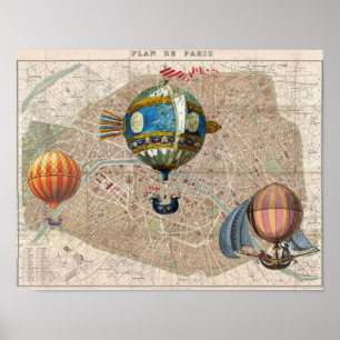 Luchtballonnen over de Franse kaart van Parijs Poster