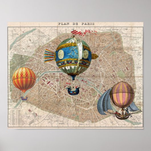 Luchtballonnen over de  Franse kaart van Parijs Poster (Voorkant)