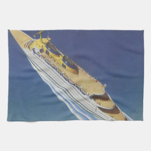 Luchtbeeld van een oud cruiseschip in de oceaan theedoek