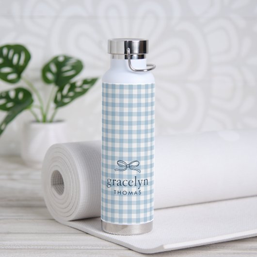 Luchtblauw Gingham Strik Monogram Waterfles (Yoga (Gedraaid) )