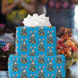 Luchtblauw Mooie Waterverf Konijn Bloemige Pasen Cadeaupapier