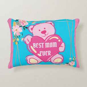 Luchtblauw Roze Chic Teddybeer Hart Bloemendesign Accent Kussen