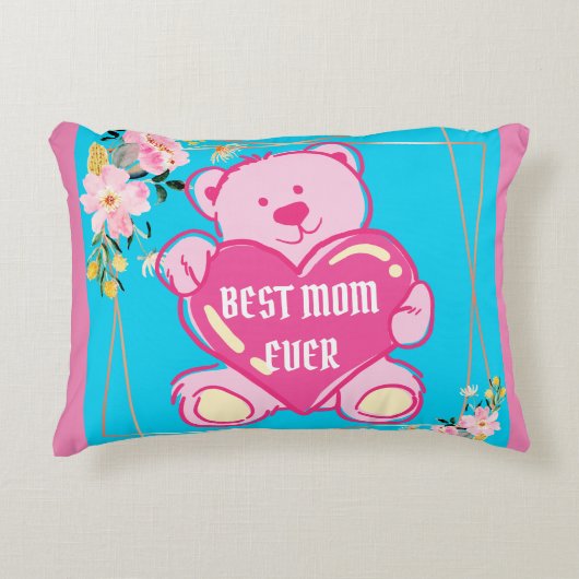 Luchtblauw Roze Chic Teddybeer Hart Bloemendesign Accent Kussen (Voorkant)