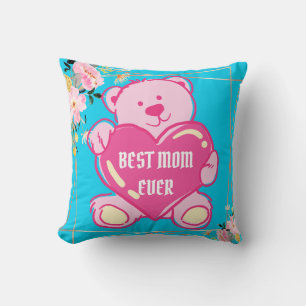 Luchtblauw Roze Teddibeer Hart Bloemendesign Kussen