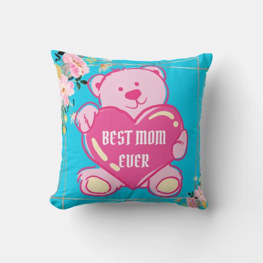 Luchtblauw Roze Teddibeer Hart Bloemendesign Kussen (Voorkant)
