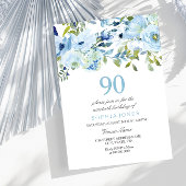 Luchtblauwe Aquarel Bloemen 90ste Verjaardagsfeest Kaart