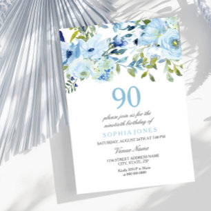 Luchtblauwe Aquarel Bloemen 90ste Verjaardagsfeest Kaart