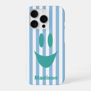 Luchtblauwe Strepen Schattig Mint Smiley iPhone 16 Pro Hoesje
